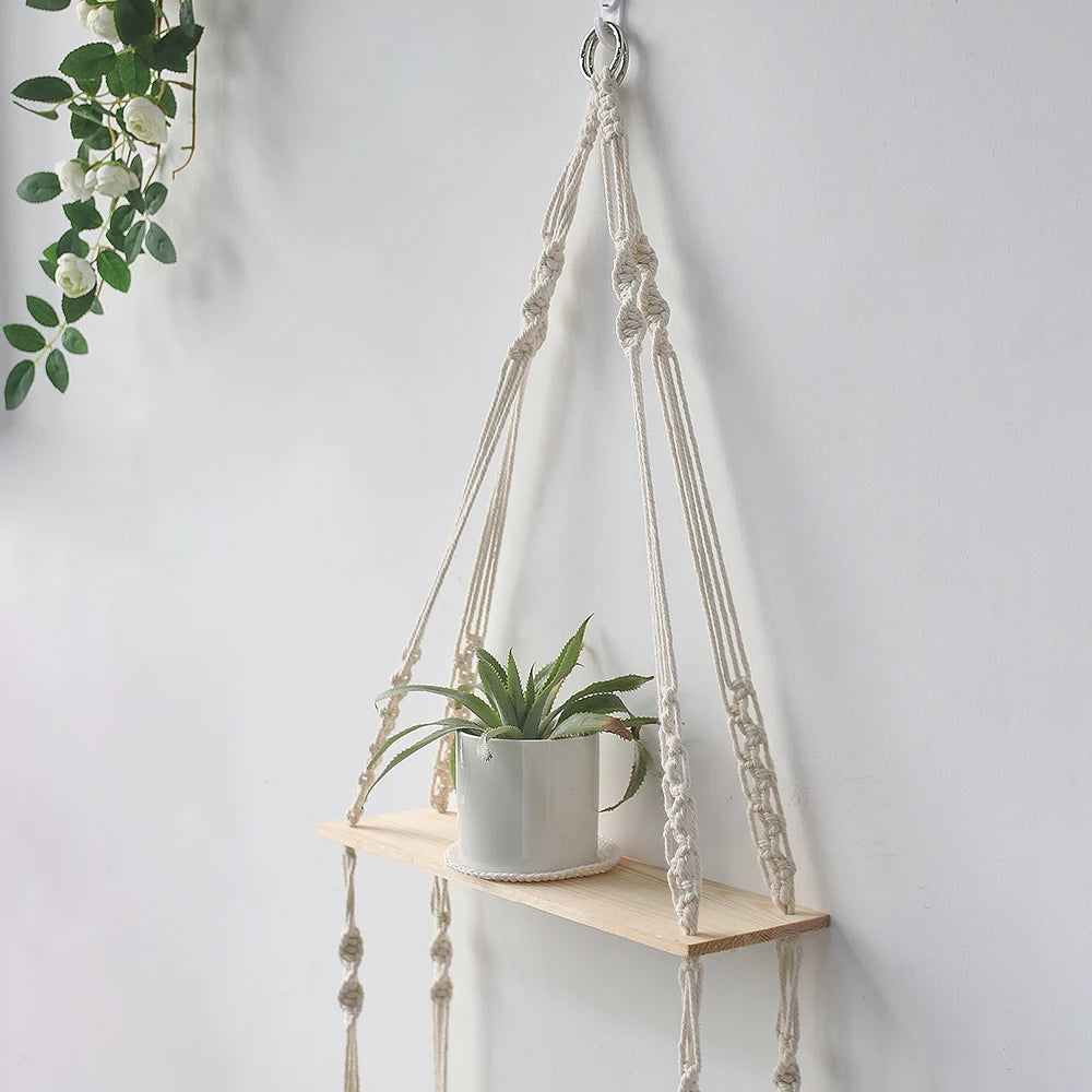 Wooden Macrame Wall Shelf – Boho Floating Display for Home, Living Room, Nursery Décor