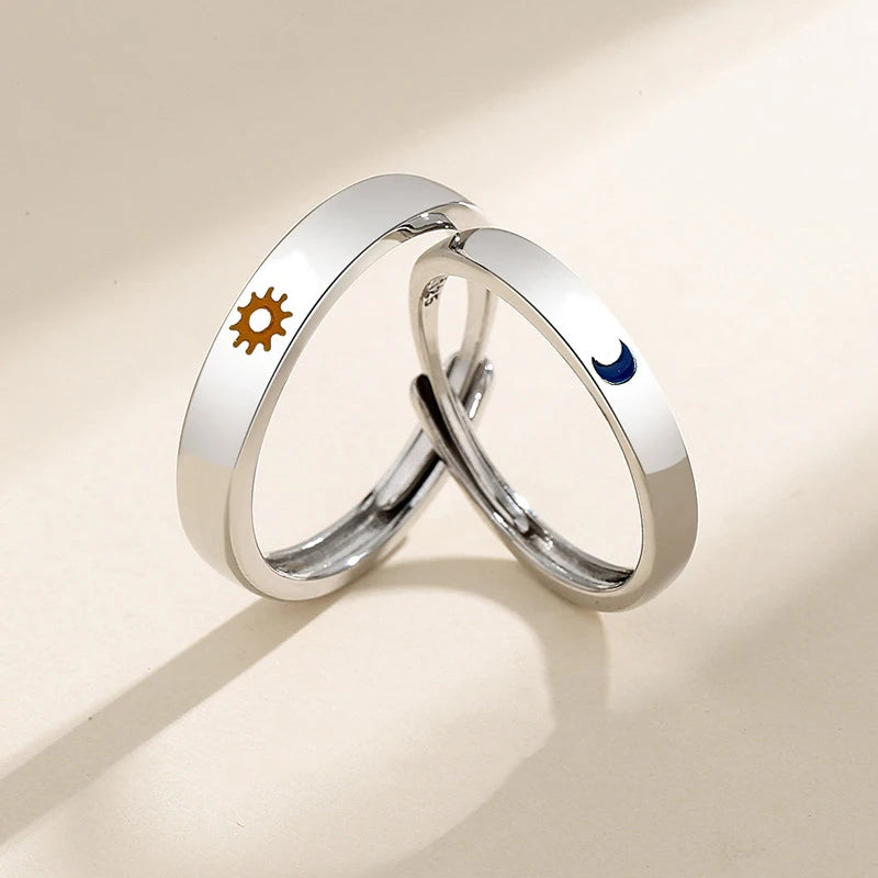 New Silver Sun & Moon Adjustable Couple Rings – Unisex Wedding Jewelry