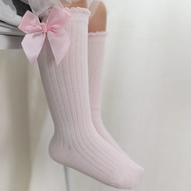 Children’s Princess Knee-High Socks – Soft Cotton Long Socks with Big Bow for Girls (0–12)Years, Spring/Autumn)