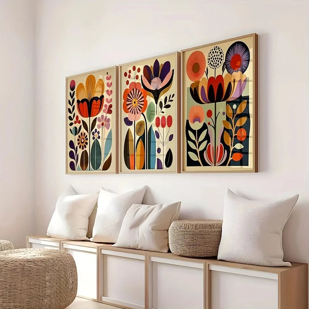 3pcs Scandinavian Folk Art Floral Canvas Prints — Boho Nordic Wall Art for Modern Living Rooms