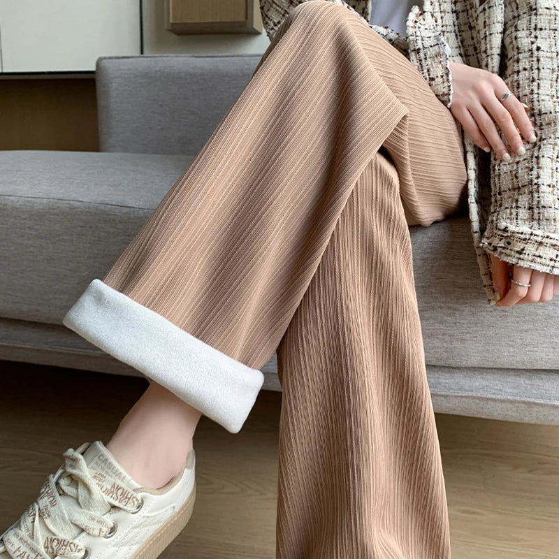 Casual Fleece Lined Wide Leg Pants Women High Waist Warm Winter Trousers Solid Color Loose Straight Pocket Pants