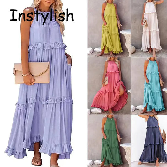 Women’s Casual Solid Ruffle Maxi Dress – Sleeveless Summer Beach Sundress, Elegant Party Vestido