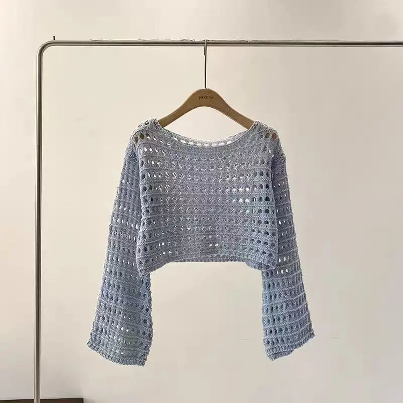 Women’s Long Sleeve Crochet Knit Top – Boho Beach Cover-Up