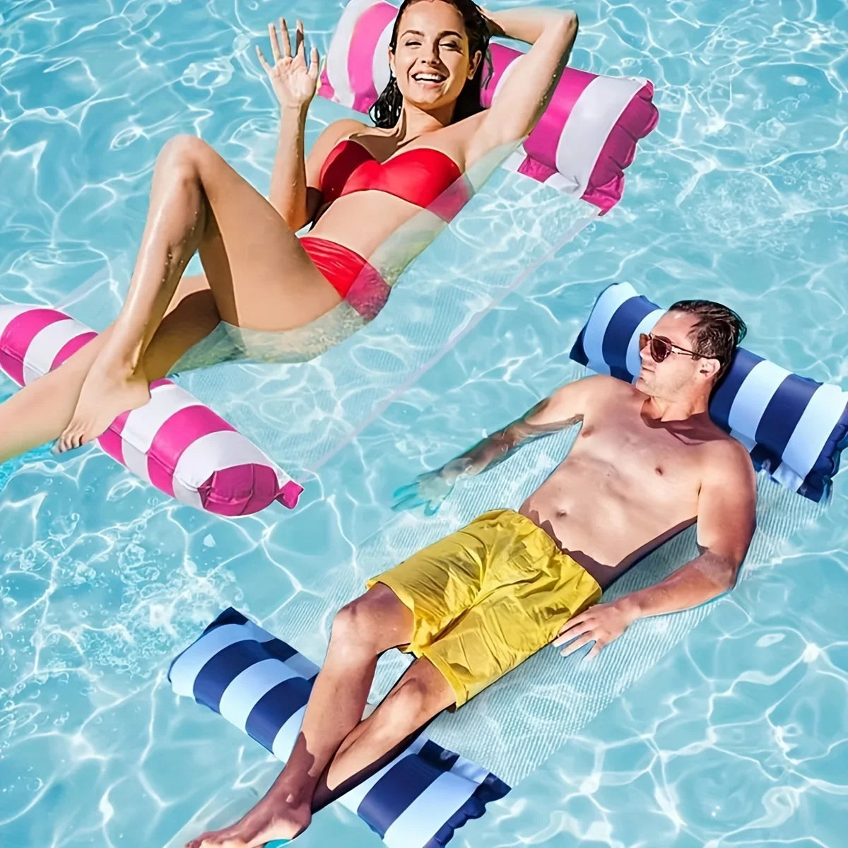 Foldable Inflatable Lounge Chair – Striped Pool & Beach Float with Net Backrest