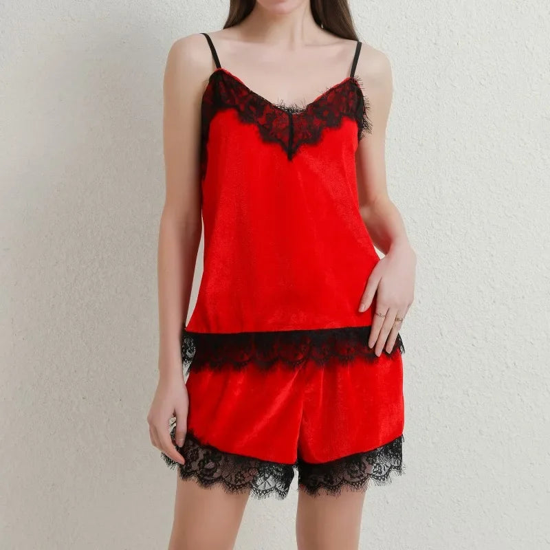 Women’s Sexy Lingerie Sleepwear – Velvet Pajama Set with V-Neck Camisole & Bow Shorts