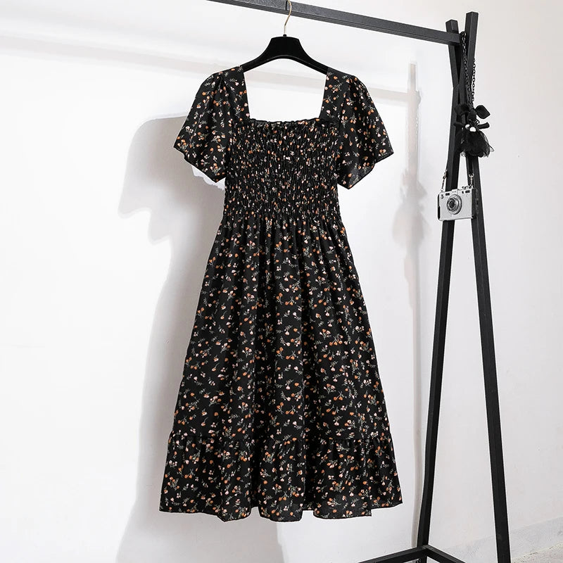 Elegant Korean Summer Floral Dress Style- with Square Neckline, Ruffle Details & Elastic Waist