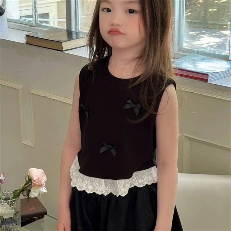Stylish Children Tank Tops Vest Girls Summer Short Sleeveless Bow-Knot Floral Lace Clothes Kids Casual Wear Cute T-Shirt