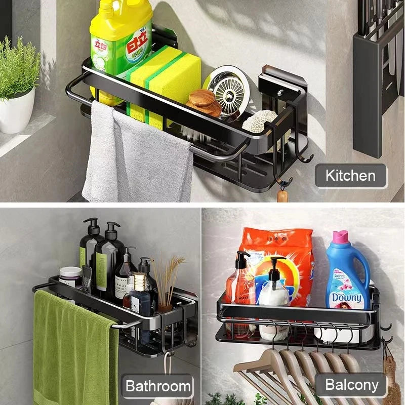 No-Drill Corner Bathroom Shelf – Wall-Mount Aluminum Rack for Towels, Shampoo & Kitchen Storage
