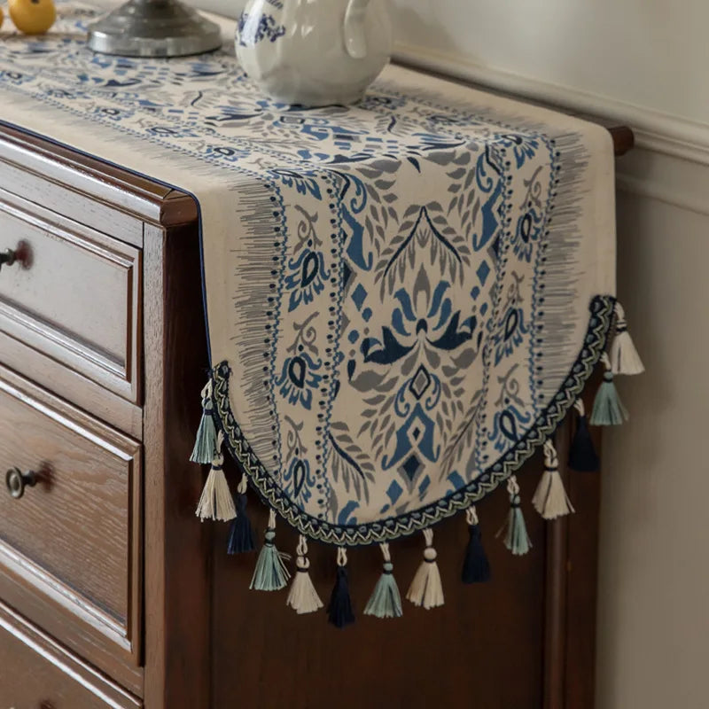 Vintage Linen Table Runner – Boho Luxury Tassel Decor, Extra Long Farmhouse Dining & Tea Ceremony Table Flag