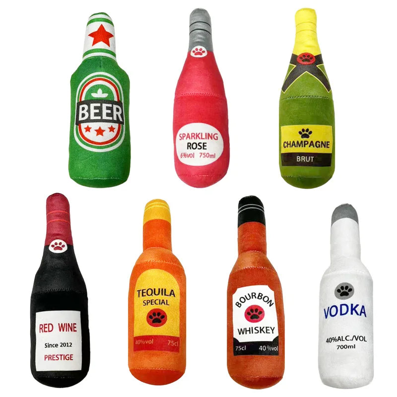 Plush Beer Bottle Dog Toy – Squeaky, Chew, Interactive Play for Small & Large Dogs