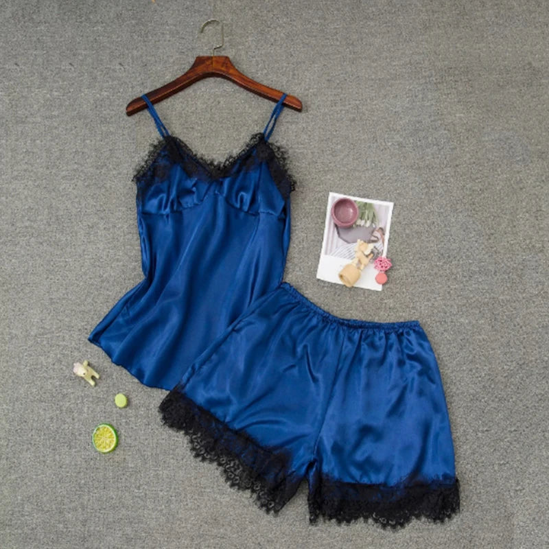 Women’s Satin Pajama Set – V-Neck Lace Baby doll with Bowknot & Sleep Shorts Lingerie