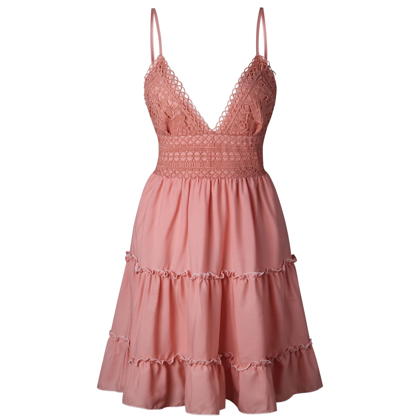 Women's Summer Lace Strap Dress – Solid Color, Elegant Beachwear