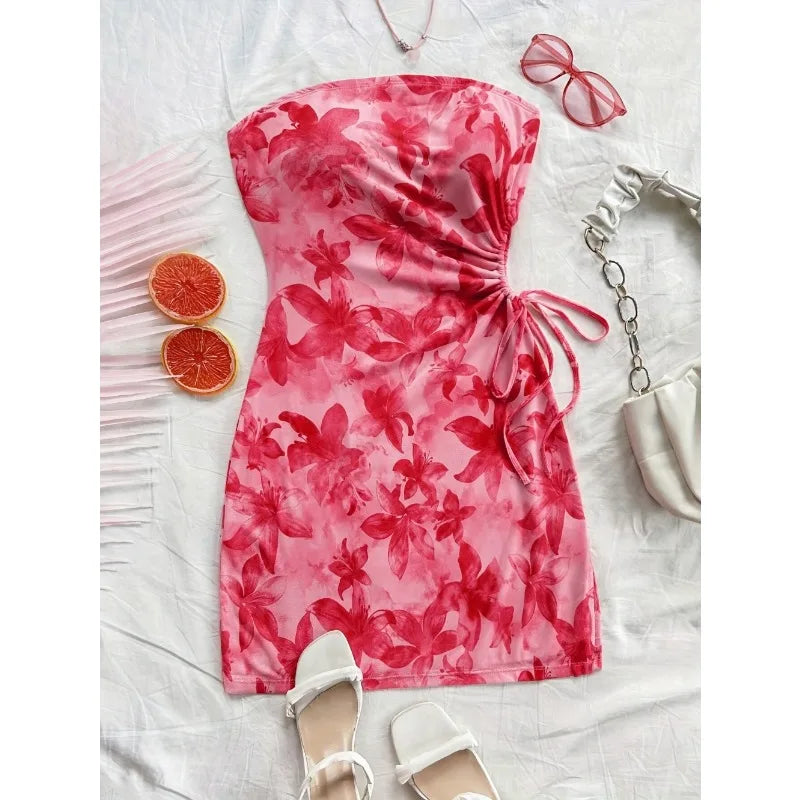 Floral Strapless Mini Dress – Ruched Backless Bodycon Party Dress