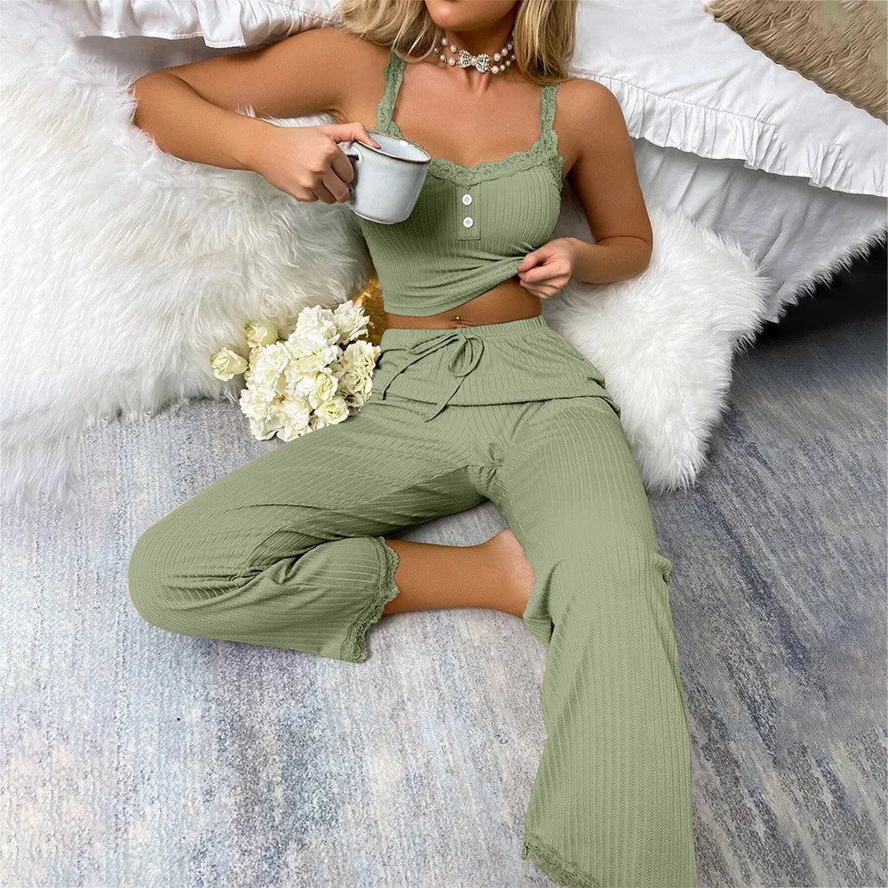Women’s Lace Two-Piece Pajama Set – Slim & Comfortable