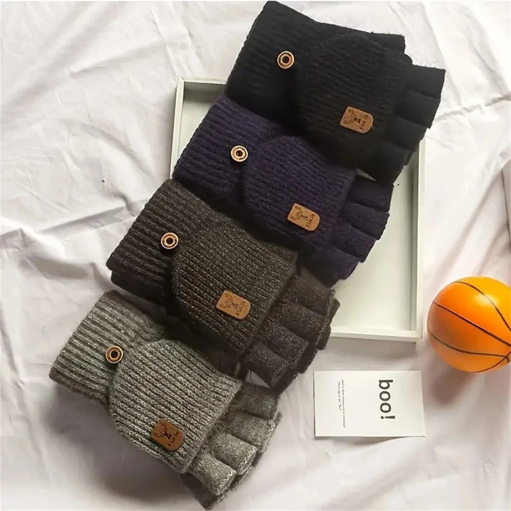 Winter Knitted Flip-Top Gloves – Warm, Windproof, Half-Finger Design for Men & Women
