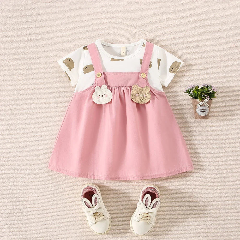 Baby Girl Teddy Bear Print Fake Two-Piece Summer Dress.
