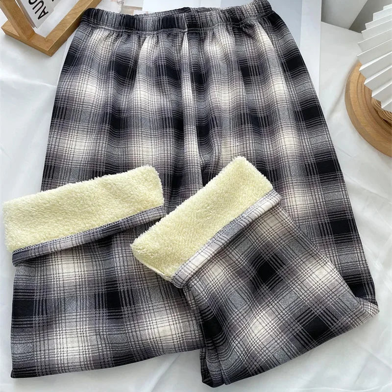 Women’s Winter Plaid Wide-Leg Pants – High-Waist & Fleece-Lined