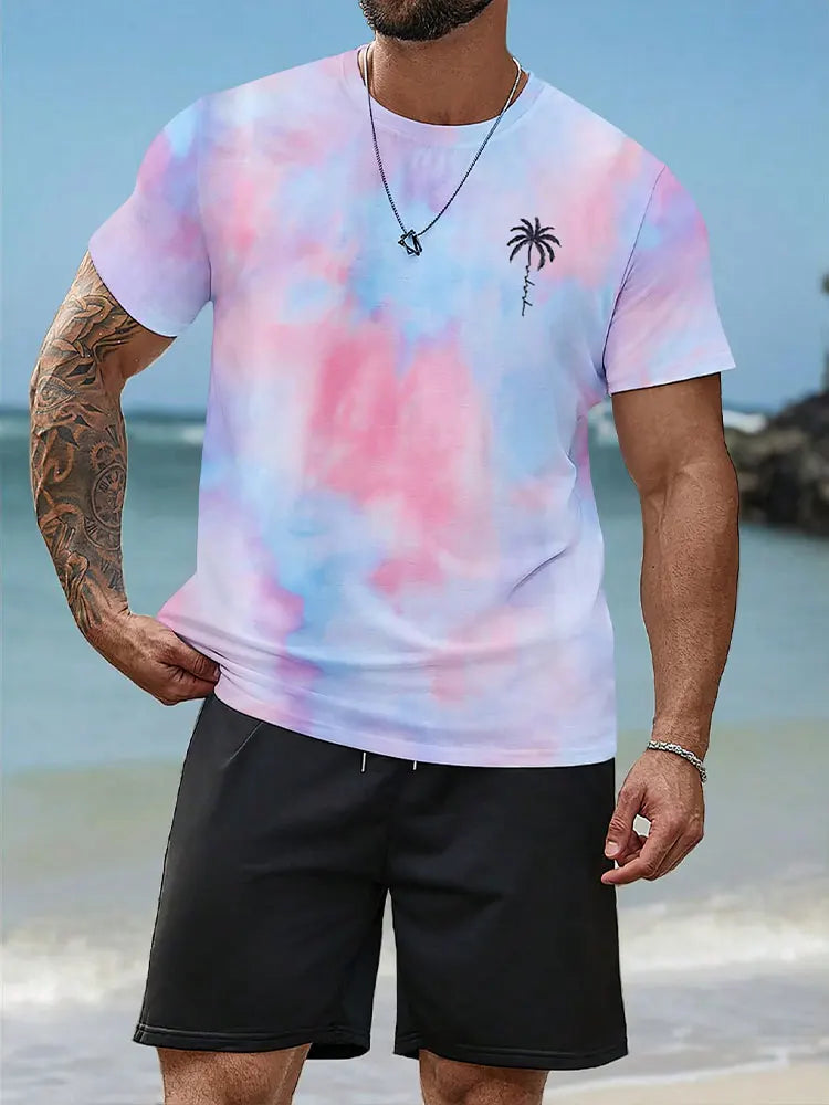 Men's 3D Palm Print Hawaiian Set – Summer Casual T-Shirt & Beach Shorts for Everyday, Vacation, Outdoor Wear