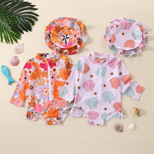Baby Girl Swimsuit Set — 0–2Y Long Sleeve Floral/Shell Print with Hat, Spring/Summer