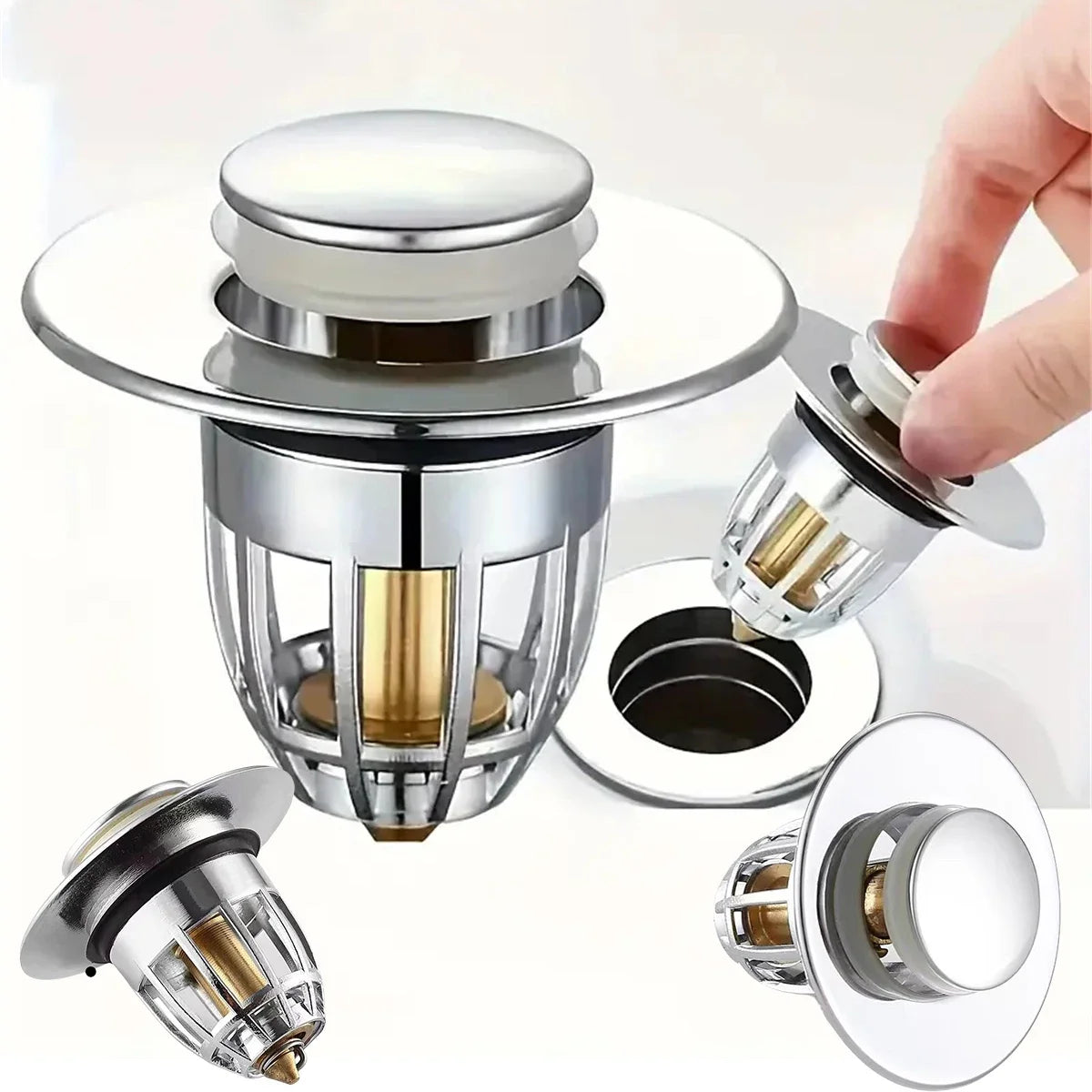 Universal Chrome Sink Drain Filter – Pop-Up Hair Catcher & Easy Push Stopper