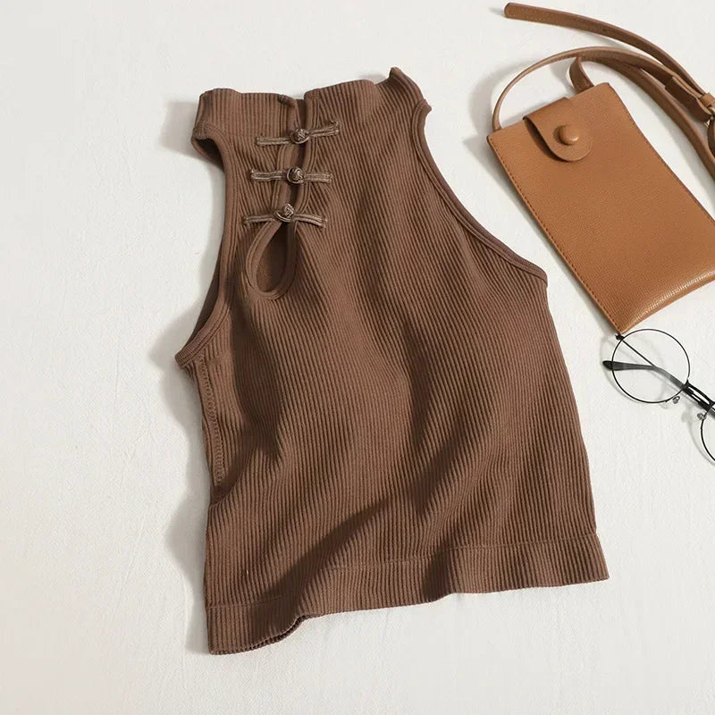 Vintage Halter Camisole for Women – Sleeveless Button Crop Top with Built-In Bra.