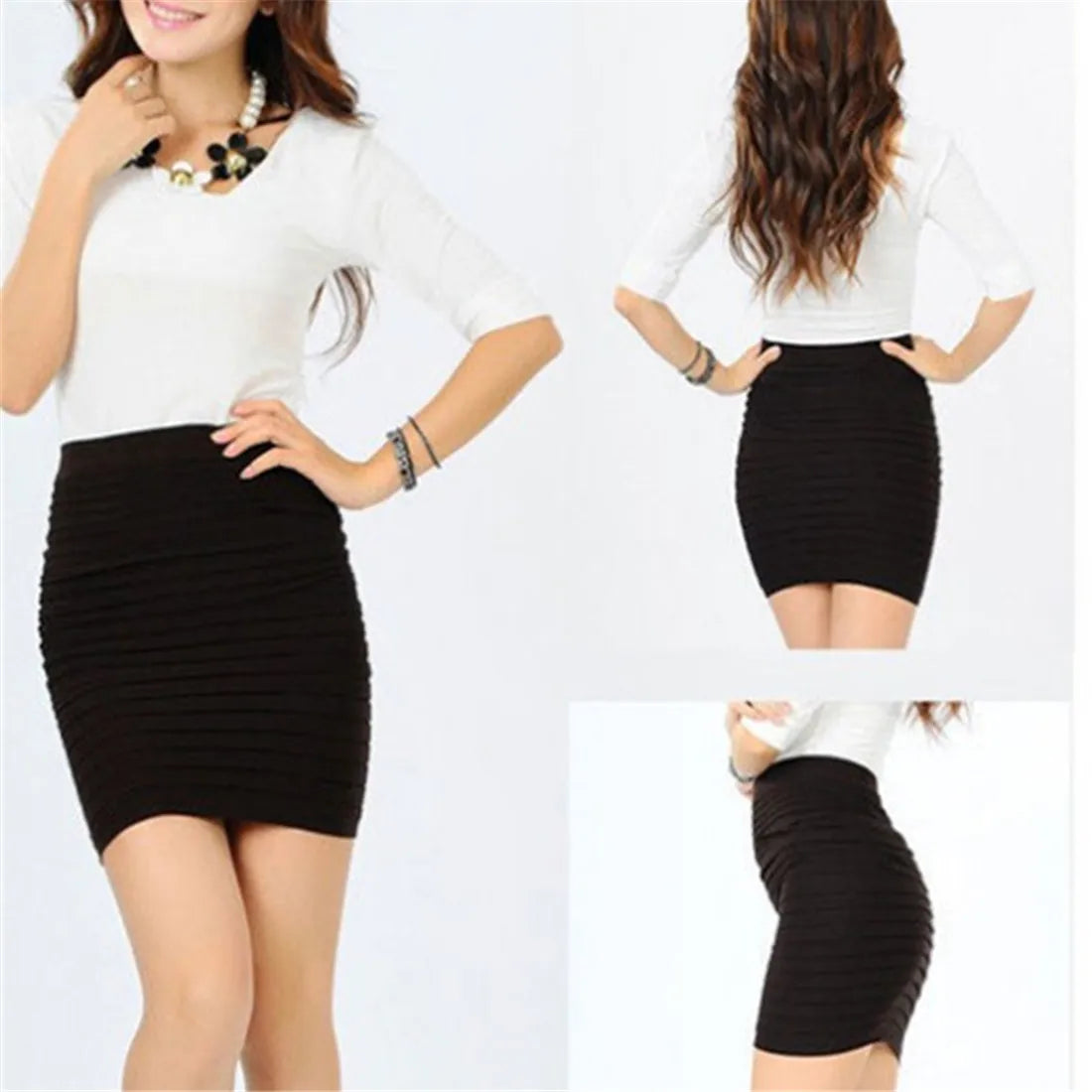 Summer Women High Waist Skirt – Solid Color Elastic Pleated Mini Skirt, Slim Draped Office Lady Pencil Skirt