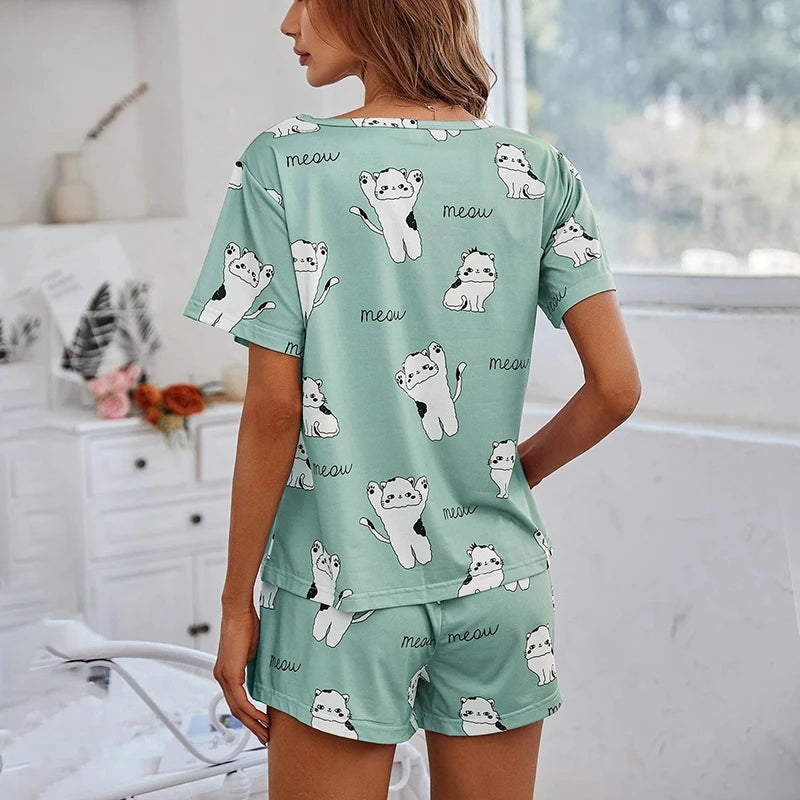 Women’s Pajama Set – Short Sleeve Top & Shorts with Cartoon Print
