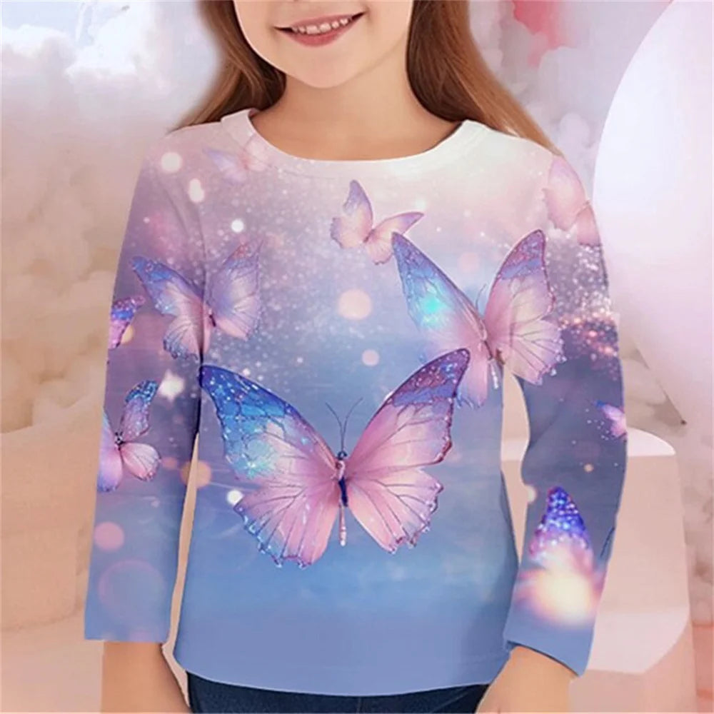 Girls' 3D Butterfly Print Long-Sleeve T-Shirt – Casual Spring/Fall Kids' Top