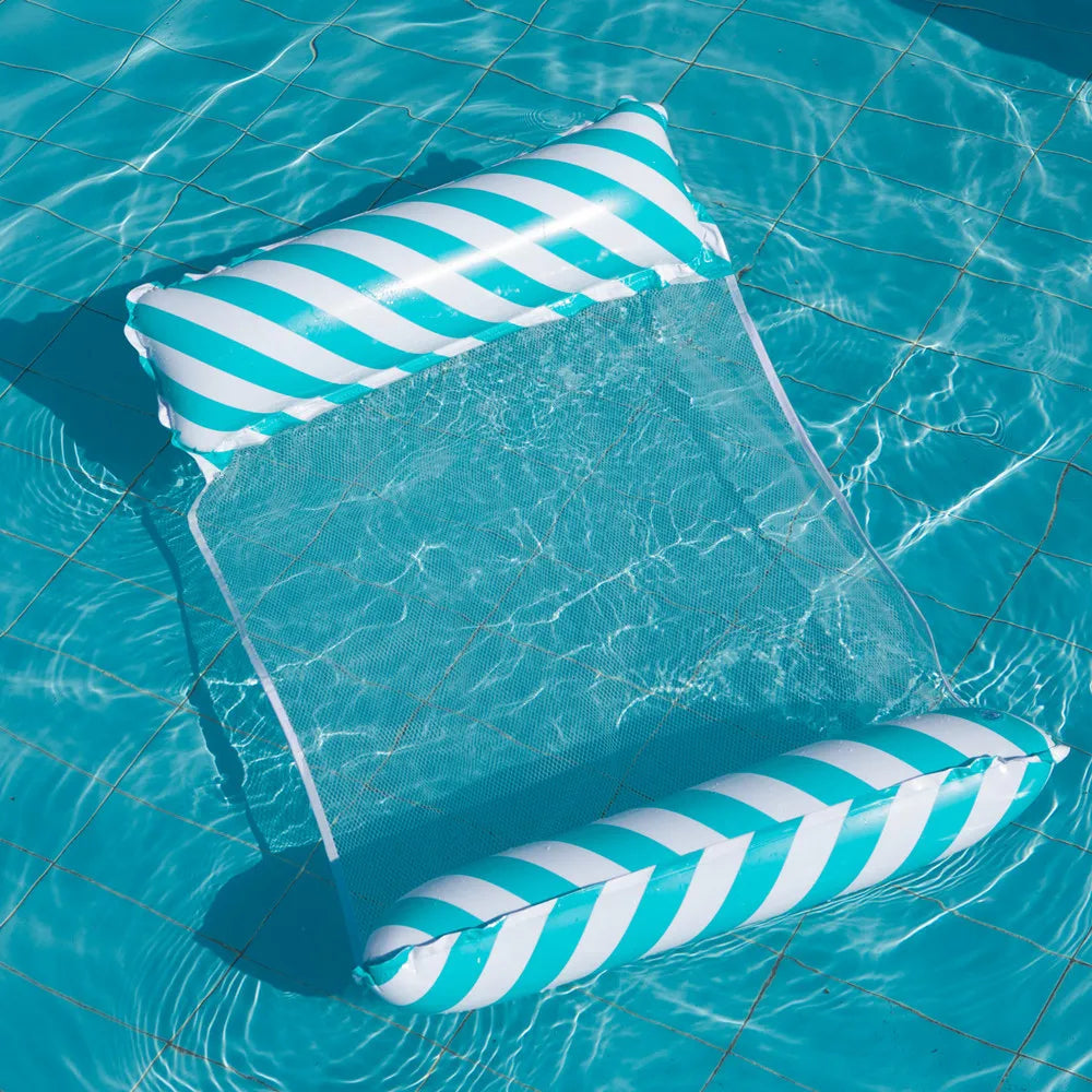 Foldable Inflatable Lounge Chair – Striped Pool & Beach Float with Net Backrest