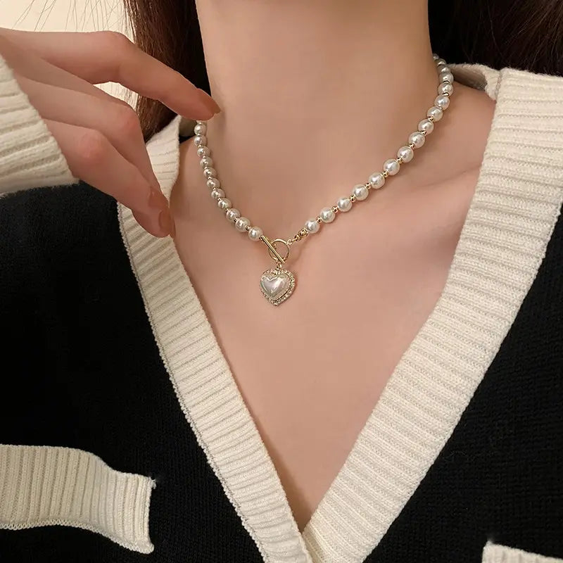 Elegant Heart Pearl Necklace for Women – Luxury Korean-Inspired Jewelry, Imitation Pearls, Ideal Gift for Girls