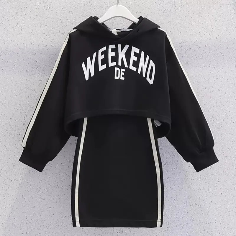 Kids Girls’ Outfit Set – Hooded Top & Pinafore Jumper Dress for Daily Wear