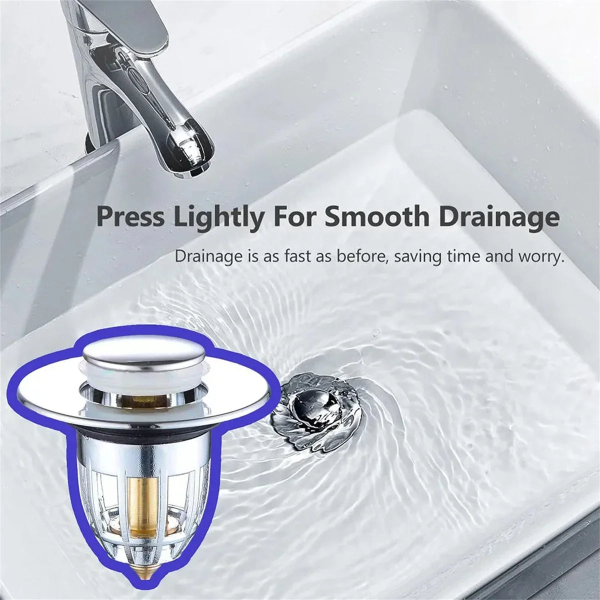 Universal Chrome Sink Drain Filter – Pop-Up Hair Catcher & Easy Push Stopper