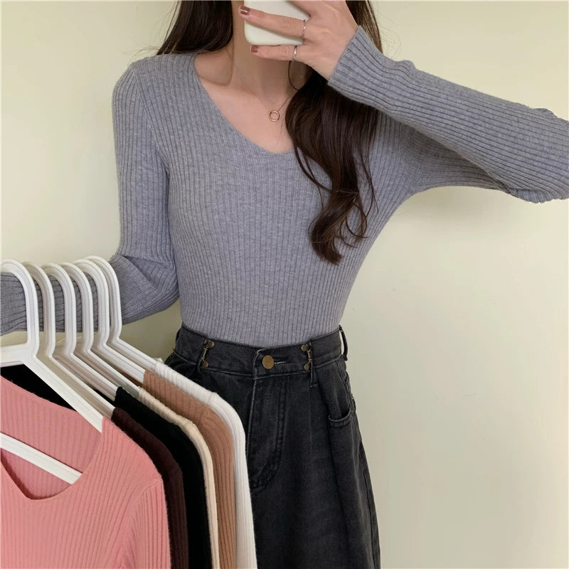 2025 Autumn Winter Women's Knitted Pullover Sweater – Casual Long Sleeve Solid Top