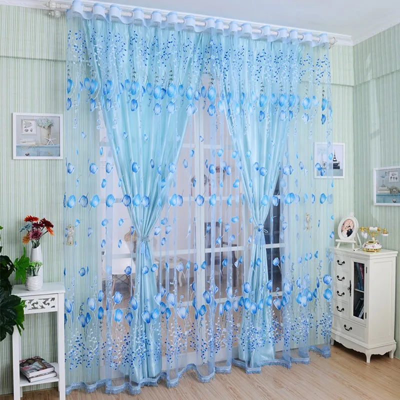 Sheer Tulip Print Curtains – Voile Tulle Window Drapes for Bedroom, Living Room, Kitchen & Balcony