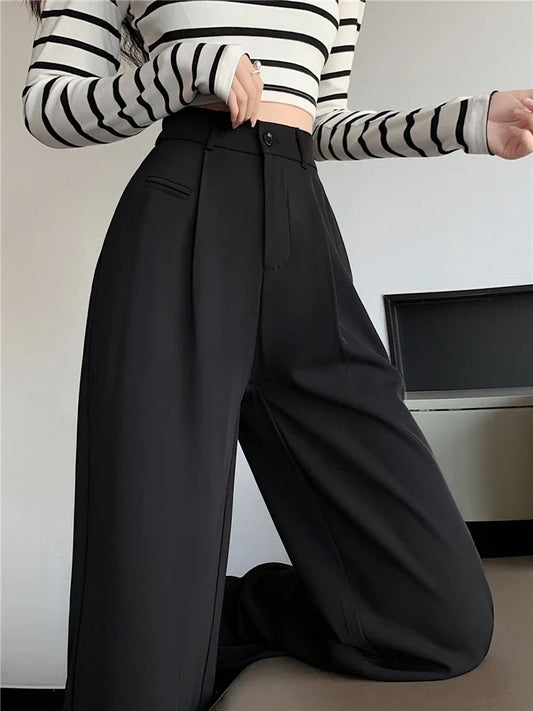 2024 Spring Summer Women’s High Waist Wide Leg Pants – Elegant Minimalist Straight Loose Trousers with Button Detail