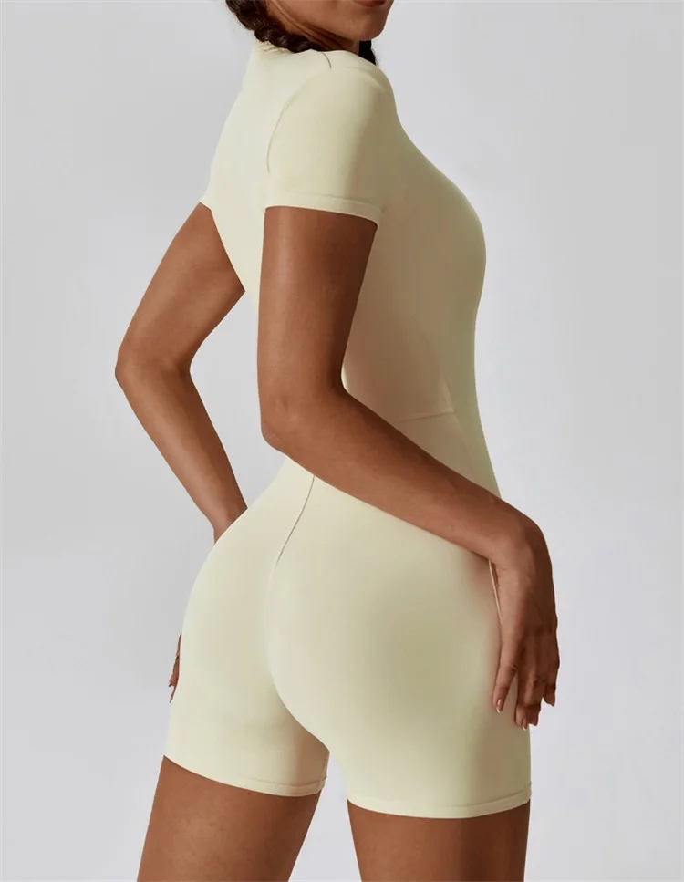Nude One-Piece Yoga Jumpsuit — Half-Zip, Short Sleeve, Tight Fit