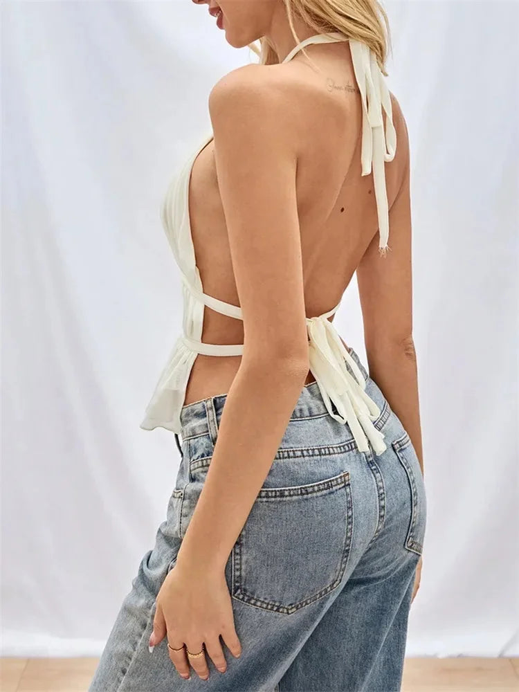 Sexy Backless Pleated Halter Top – Ruffle Hem Y2K Camisole