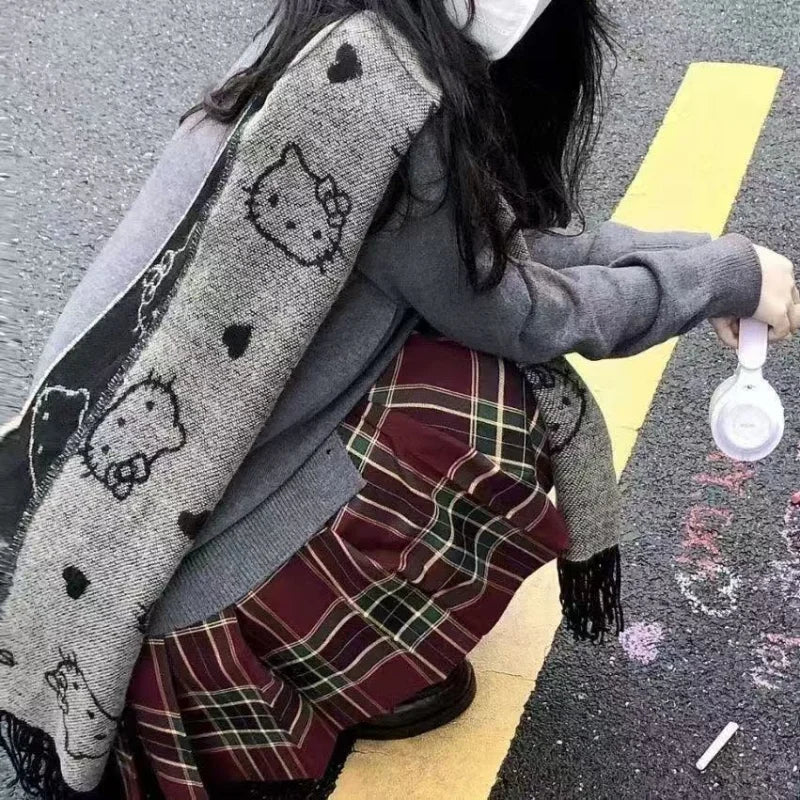 Hello Kitty Scarf Cute Anime KT Women Accessories Winter Black Grey Double Sided Versatile Simple Decoration Girl Gift Wholesale