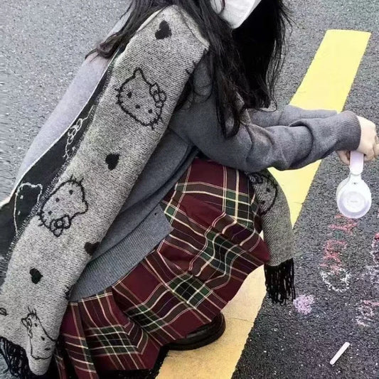 Hello Kitty Scarf Cute Anime KT Women Accessories Winter Black Grey Double Sided Versatile Simple Decoration Girl Gift Wholesale