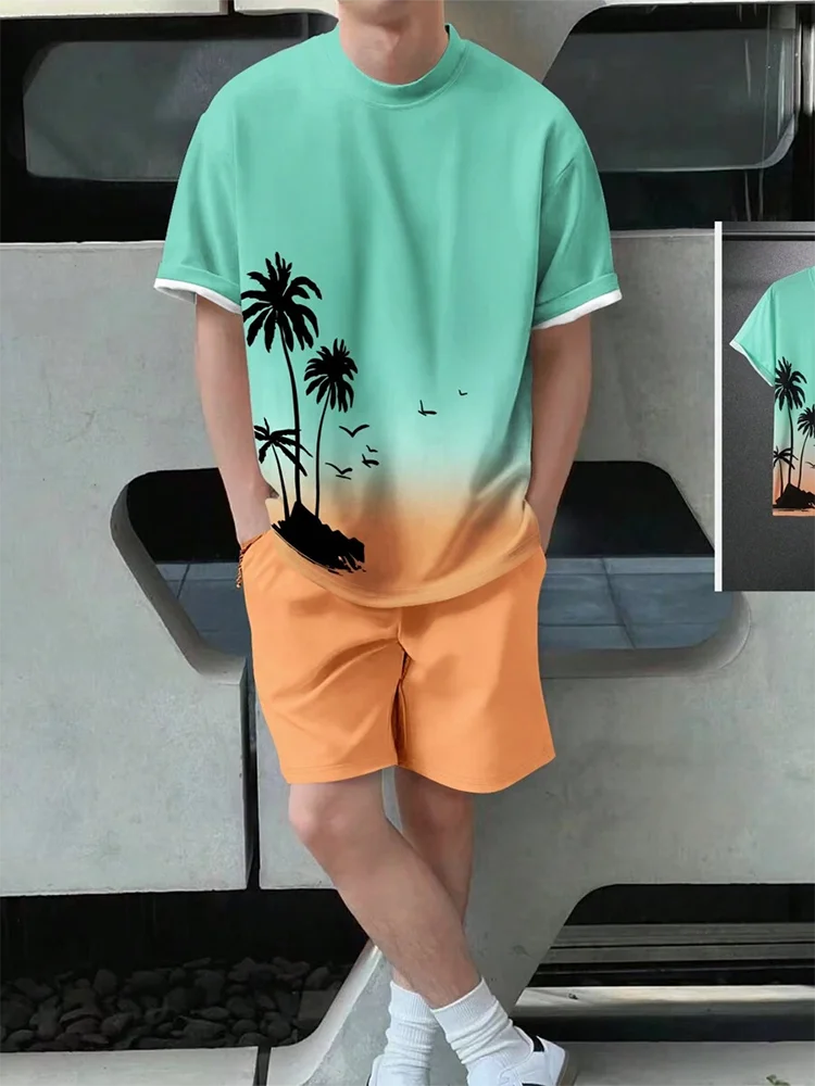 Men's 3D Palm Print Hawaiian Set – Summer Casual T-Shirt & Beach Shorts for Everyday, Vacation, Outdoor Wear