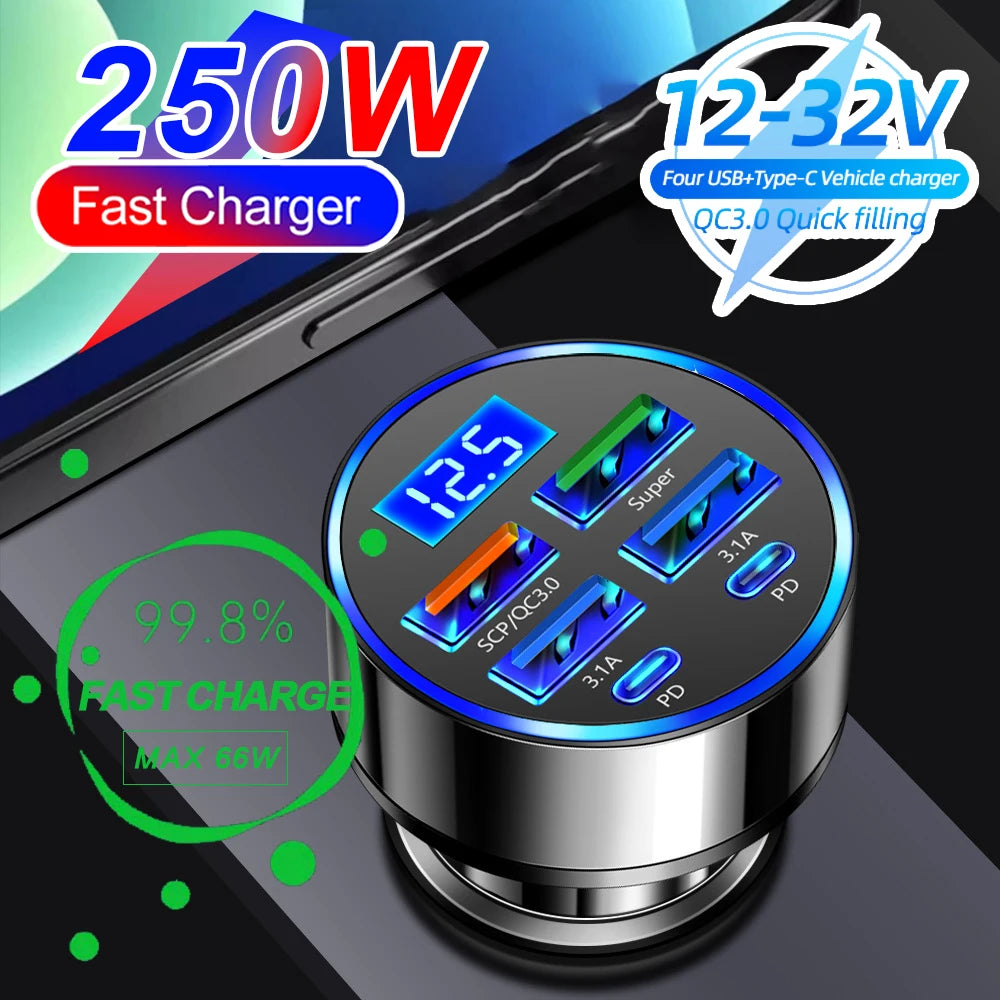 66-250W PD Car Charger QC3.0 Fast Charging Cigarette Lighter Splitter with Digital Display, 1-to-6 Multi Port Adapter