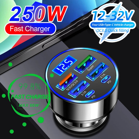 66-250W PD Car Charger QC3.0 Fast Charging Cigarette Lighter Splitter with Digital Display, 1-to-6 Multi Port Adapter