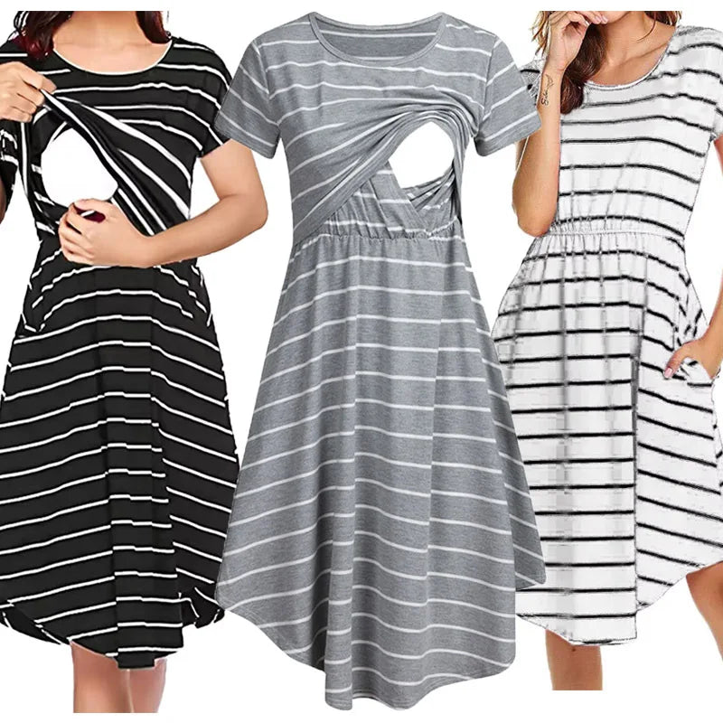 Striped Maternity Nursing Dress – Summer Breastfeeding Pajama Dress