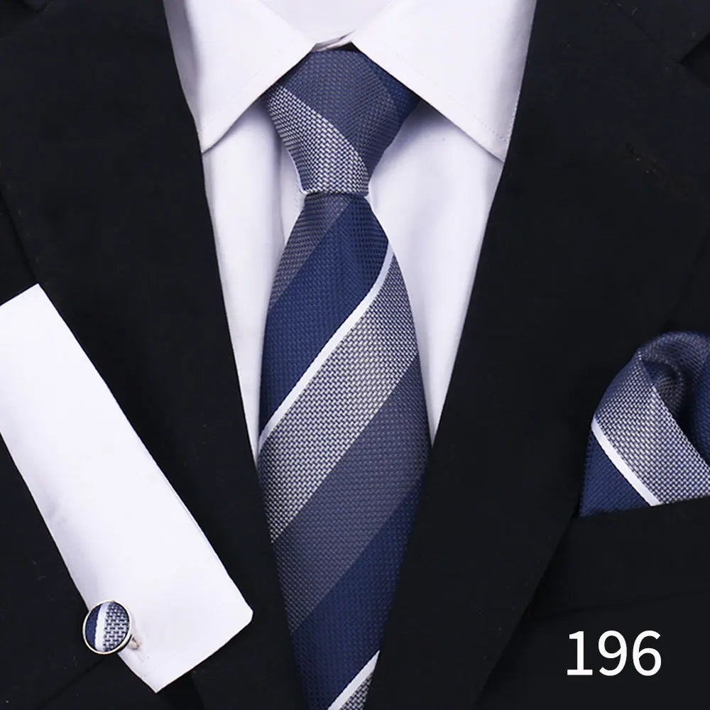 Classic Men’s Tie Set Plaid Necktie with Pocket Square & Cufflinks Business Wedding Gift Accessories