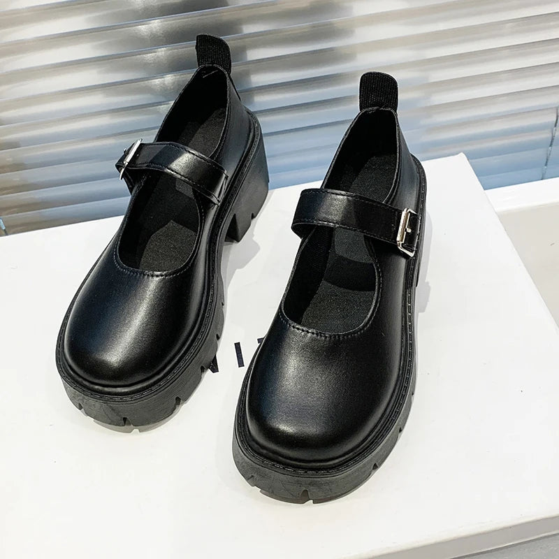 Spring 2025 Women’s Retro Thick-Soled Leather Shoes – Round Toe Buckle Single Shoes