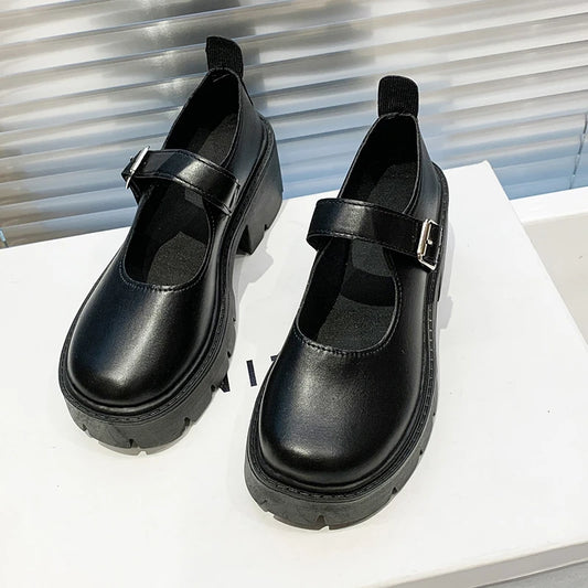 Spring 2025 Women’s Retro Thick-Soled Leather Shoes – Round Toe Buckle Single Shoes