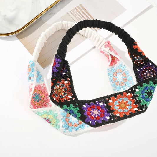 Boho Crochet Turban Headband – Vintage Floral Knit Hair Scarf for Women