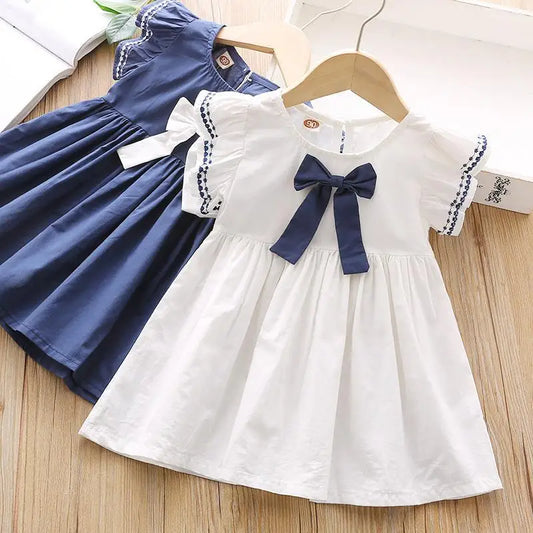 Girls’ Flying Sleeve Cotton Princess Dress with Big Bow