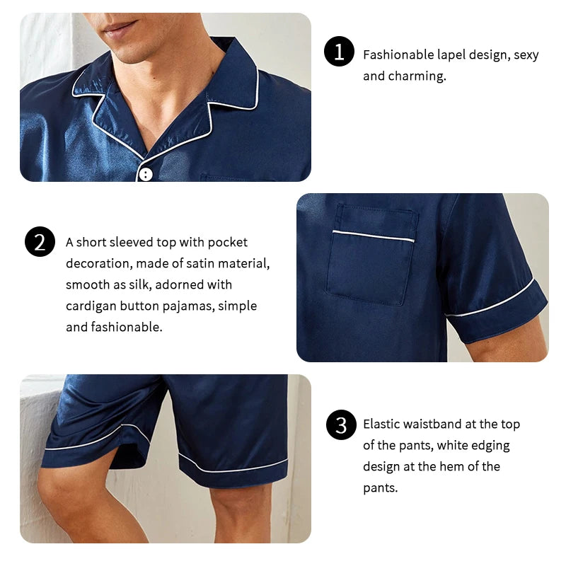 Men’s Satin Pajama Set – Short Sleeve Shirt & Elastic Shorts