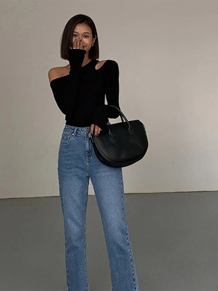 Skew Collar Off-Shoulder Slim Crop Top – Long Sleeve Hollow Out Tee for Women
